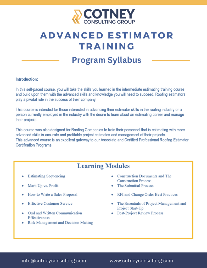 Advanced Estimating Training Syllabus