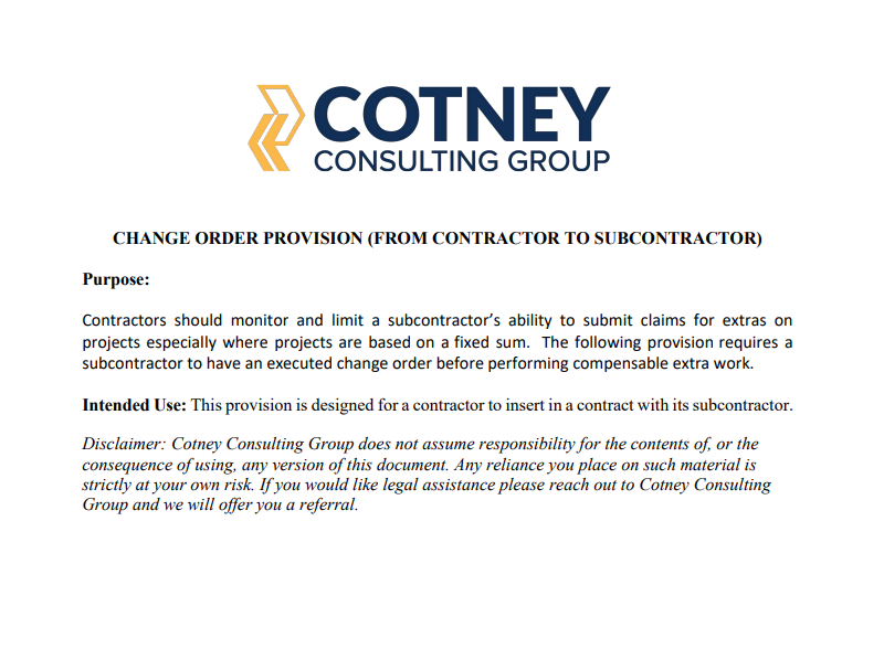 Change Order Provision (From Contractor to Subcontractor) – COTNEY